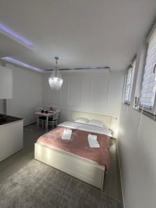 a bedroom with a bed and a table in it at Zlatni bor apartmani in Solotuša +29 photos