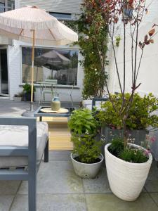 a patio with a table and some plants and an umbrella at Guesthouse Poppies in Ostend