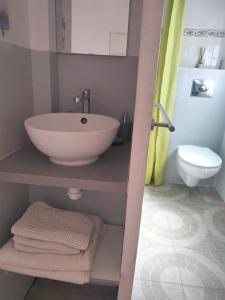 a bathroom with a bowl sink and a toilet at La Pinède du Lac in Esparron-de-Verdon