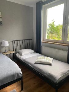2 łóżka pojedyncze w pokoju z oknem w obiekcie Bukszpan w Sasinie