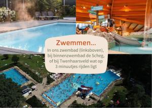 een collage van foto's van een zwembad met een bord bij Panorama lodge with wellness and hottub 2 p. in Rijssen