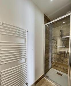 a shower with a glass door in a bathroom at Chalet Le Mauntenrojji - skis aux pieds in La Toussuire