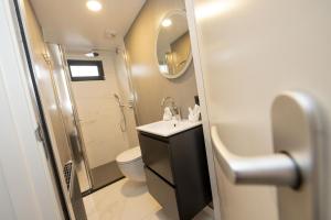 a bathroom with a sink and a toilet and a mirror at Houseboat - Paviljoenwei 4 Sneek Offingawier in Offingawier