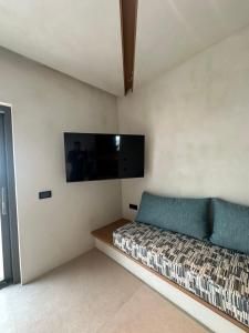 Syros Soul Private Pool Suites في إرموبولّي: غرفة نوم مع أريكة وتلفزيون بشاشة مسطحة