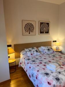 una camera con un letto e due quadri appesi al muro di Piso céntrico y acogedor a Figueres