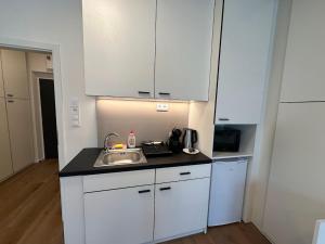 uma pequena cozinha com um lavatório e armários brancos em Bella Apartments Brno em Brno