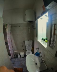 a small bathroom with a toilet and a sink at Katafigio Home in Tsagkarada Village in Tsagarada