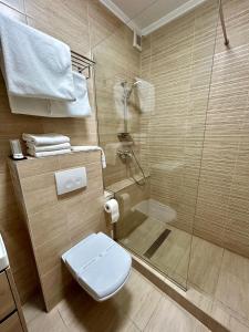 W łazience znajduje się prysznic, toaleta i przeszklony prysznic. w obiekcie Hotel Bliss w mieście Roman