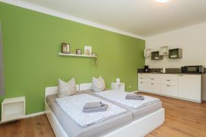 a bedroom with two beds and a green wall at Gästehaus Goldberg in Goldberg +3 photos