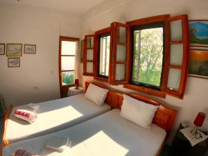 a room with two beds and two windows at Katafigio Home in Tsagkarada Village in Tsagarada