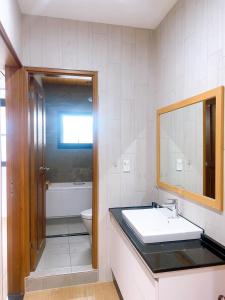 ein Badezimmer mit einem Waschbecken, einem WC und einem Spiegel in der Unterkunft Triple One Entire Home 慶東111私人招待所 包棟民宿 in Tainan