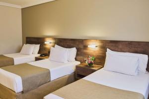 una habitación de hotel con 2 camas y flores. en Dazzler by Wyndham Buenos Aires San Martin en Buenos Aires