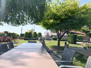 un lungo tavolo in un parco con sedie e un albero di Хотел-ресторант Алмонд a Karlovo