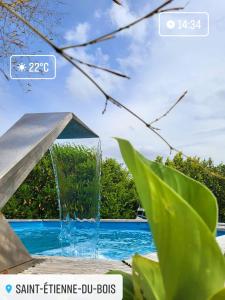 a water fountain in front of a swimming pool at Maison vacances vendee in Saint-Étienne-du-Bois