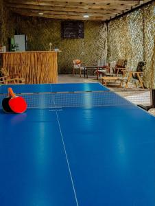 un tavolo da ping pong blu in una stanza di Urban Monkey Tent hostel & bar a Karakol
