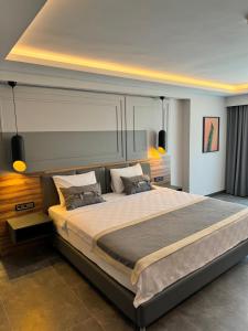 1 dormitorio con 1 cama grande y 2 almohadas en TELMESSOS CİTY HOTEL en Fethiye