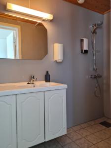 a bathroom with a sink and a mirror at Lofoten Værøy Bryggehotell AS in Værøy