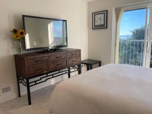 a bedroom with a dresser with a mirror and a bed at Redcliffe View - Shared Homestay with Resident Show Dogs in Portishead