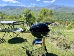 a grill sitting on a stand in the grass at Luxury countryside cottage with mountain views in Roquefixade