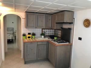 a kitchen with gray cabinets and a stove top oven at Delizioso appartamento a Capri in Capri