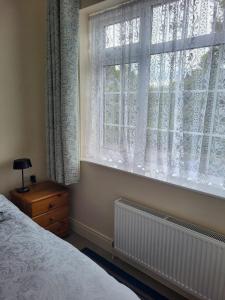 a bedroom with a bed and a large window at Charming 1-Bed Apartment in Barefield in Ennis