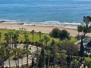 a view of a beach with palm trees and the ocean at Atico LUXURY Magic World in Oropesa del Mar