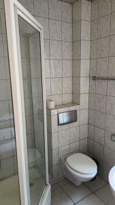a bathroom with a toilet and a glass shower at Rheinischer Hof in Duisburg