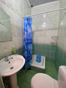 a bathroom with a sink and a toilet and a shower at Гостевой дом ТОЛНУР in Cholpon-Ata