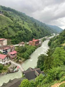 a river with houses on the side of a mountain at Vadidekal Suite Hotel in Çamlıhemşin