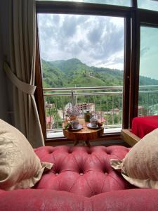 um quarto com uma grande janela com vista para uma montanha em Vadidekal Suite Hotel em Çamlıhemşin