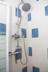 een douche in een badkamer met blauwe en witte tegels bij T2 Climatisé avec Jacuzzi à 5 minutes des plages in Les Trois-Îlets