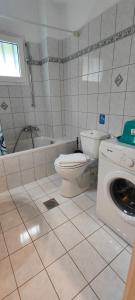 a bathroom with a toilet and a washing machine at KANALI HOLIDAYS APARTMENT in Kanali