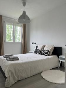 Habitación blanca con cama grande con almohadas en COSY F3 PROCHE CENTRE, en Belfort