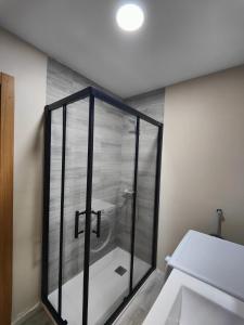 een douche met een glazen deur in de badkamer bij La calle in Aguadulce