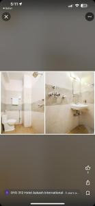 3 fotos de un baño con aseo y lavabo en Hotel Aakash, en Lumbini