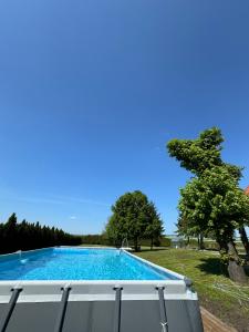 a large swimming pool in a yard with trees at Ranczo Ryki in Nowy Dwór Gdański