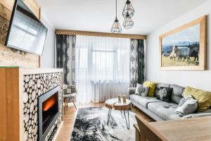 a living room with a couch and a fireplace at Apartament Regionalny Centrum in Zakopane