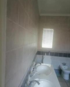 a bathroom with a sink and a toilet and a window at Lovely Holiday in Kempton Park +6 photos