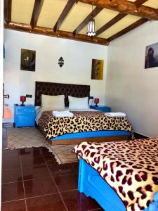 a bedroom with two beds with cheetah sheets at Hotel L'Arganier d'Ammelne in Tafraout