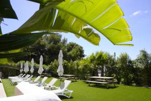 una fila de tumbonas y mesas con sombrillas en Los Escondidos Ibiza en Playa d'en Bossa