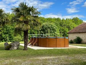 una palma accanto a una piscina in legno con tavola da surf di The charming private Farmhouse at La Grenouillére a Puyréaux