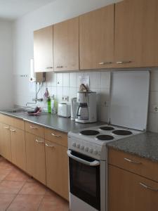 a kitchen with a white stove top oven next to cabinets at Zimmer im Ferienpark Buntspecht in Pruchten