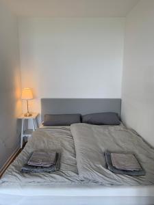 a bed with two pillows on it in a bedroom at Business Apartment SPA walk to Fair & Rhine River in Düsseldorf