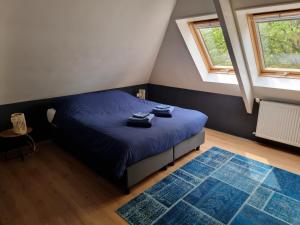 エンクホイゼンにあるAan de Burgwalのベッドルーム1室(青いシーツ付きのベッド1台、窓2つ付)