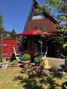 een huis met twee stoelen en een rode paraplu bij Eifelhäuschen in Blankenheim