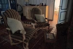 two chairs with pillows sitting in a living room at Traumhaftes Reetdachhaus an der Nordsee in Süderschweiburg
