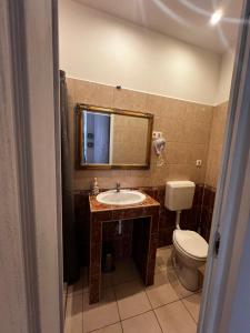 a bathroom with a toilet and a sink and a mirror at Spring Roses Downtown Boutique Hotel 2 ON THE FAMOUS VÁCI FASHION STREET FREE COFFEE, TEE in Budapest +15 photos