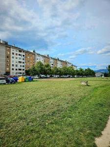 a large field of grass in front of a building at Apartman Luxe Victoria in Zagreb