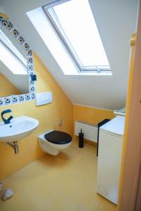 uma casa de banho com um WC, um lavatório e uma clarabóia em Kamień Pomorski Homely House em Kamień Pomorski