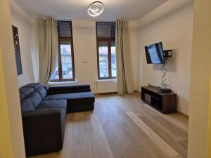 a living room with a couch and a flat screen tv at Tour à Taxi apartment in Brussels